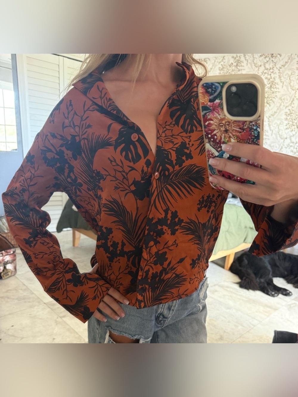Future Collective Kahlana Barfield Brown Black Brown Palm Satin Blouse